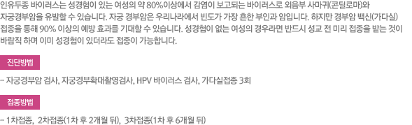  ̷  ִ   80%̻󿡼  Ǵ ̷  縶(ܵθ) ڱðξ   ֽϴ. ڱ ξ 츮󿡼 󵵰   ΰ Դϴ.  ξ (ٽ)   90% ̻  ȿ   ֽϴ.     ݵ   ̸  ޴  ٶ ϸ ̹  ִ  մϴ. / ܹ - ڱðξ ˻, ڱðȮԿ˻, HPV ̷ ˻, ٽ 3ȸ /  - 1,  2(1  2 ),  3(1  6 )